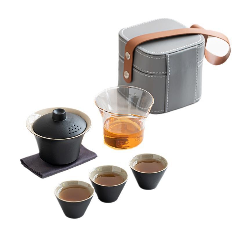 玻璃陶旅行茶具便携式礼务功夫茶具套装户外快ali-7444客瓷杯节日