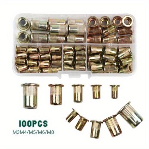 100PCS平头竖纹拉铆螺母盒装镀彩锌铆螺母M3-M8滚花螺母跨境货源