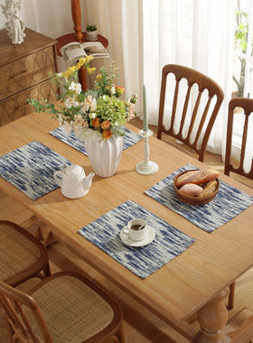 乐轩秀美式餐垫蓝色渐变餐垫布艺棉麻餐垫杯垫西餐垫层