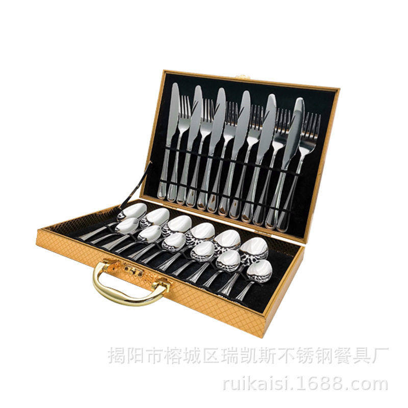 跨境木盒亚马逊爆款410不锈钢餐具24件套装1010双线四主件刀叉勺,餐饮具,叉/勺/筷套装,淘宝优惠券,粉丝福利购,淘宝优惠卷