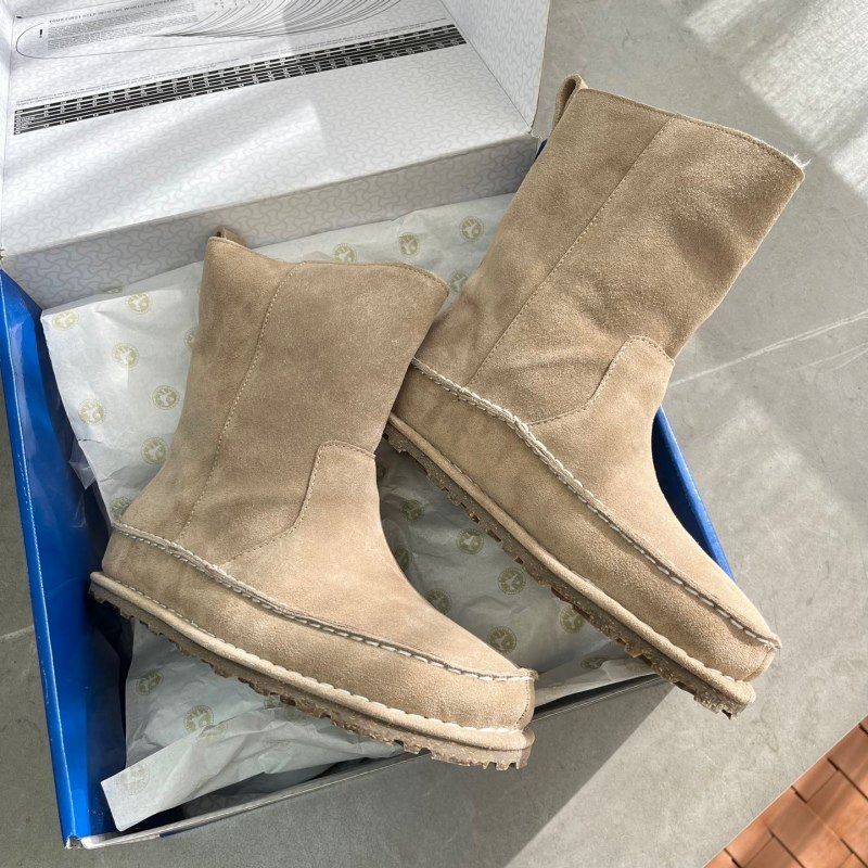 莞产高货牛皮款勃肯羊皮毛一体中筒雪地靴时尚休闲加厚保暖女靴