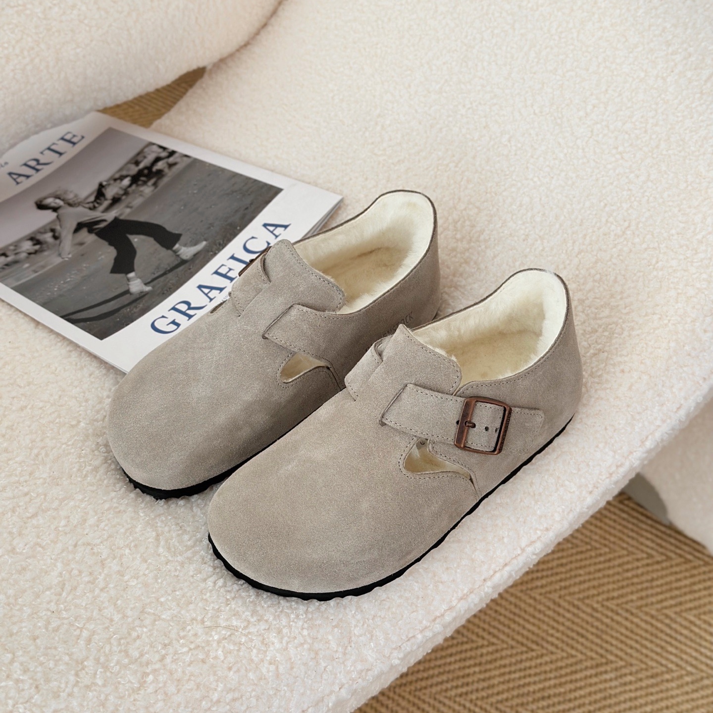 莞产高货外贸款牛皮羊皮毛勃肯鞋~加绒厚底保暖冬季毛毛鞋 女鞋