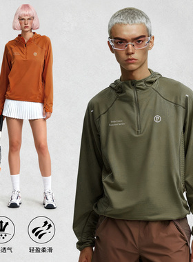 PRIDEUNION速干方格绒户外运动反光印花跑步骑行网球连帽长袖T恤