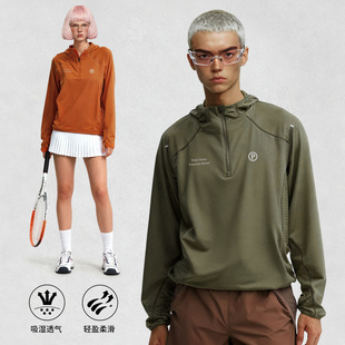 PRIDEUNION速干方格绒户外运动反光印花跑步骑行网球连帽长袖 T恤