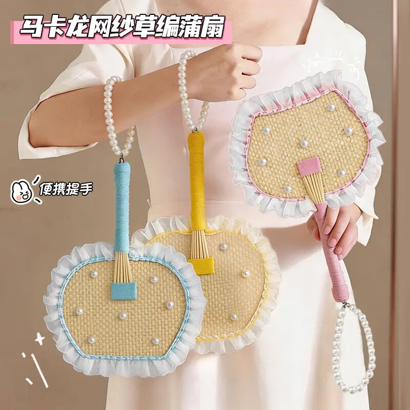 马卡龙网纱草编蒲扇夏天