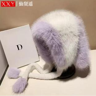 仿皮草狐狸毛兔耳朵帽子秋冬保暖加厚大头围护耳帽新款高颜值帽子