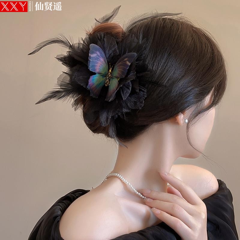 藍色蝴蝶羽毛發夾女后腦勺2025