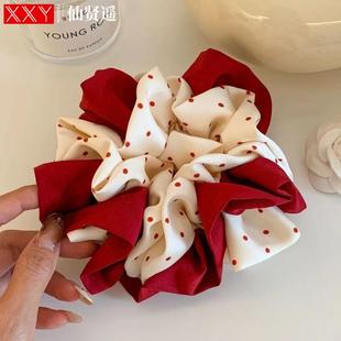2026新年红色波点大肠发圈女慵懒风丸子头超大号百搭头花发卡头绳