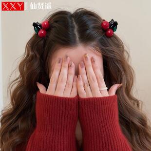 仙贤遥樱桃小抓夹女红色高级感侧边夹头发夹子发量少半扎发卡头饰