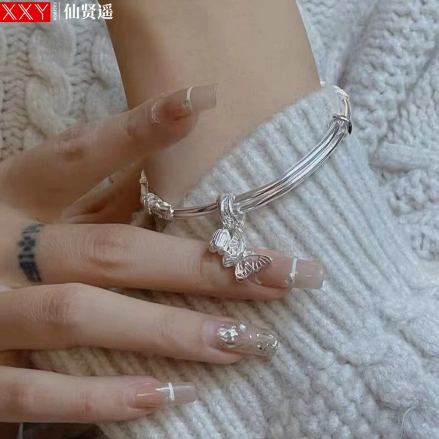 白铜布轮工艺繁花似锦手镯女新款开口推拉铃兰蝴蝶恋花浮雕花丝镯