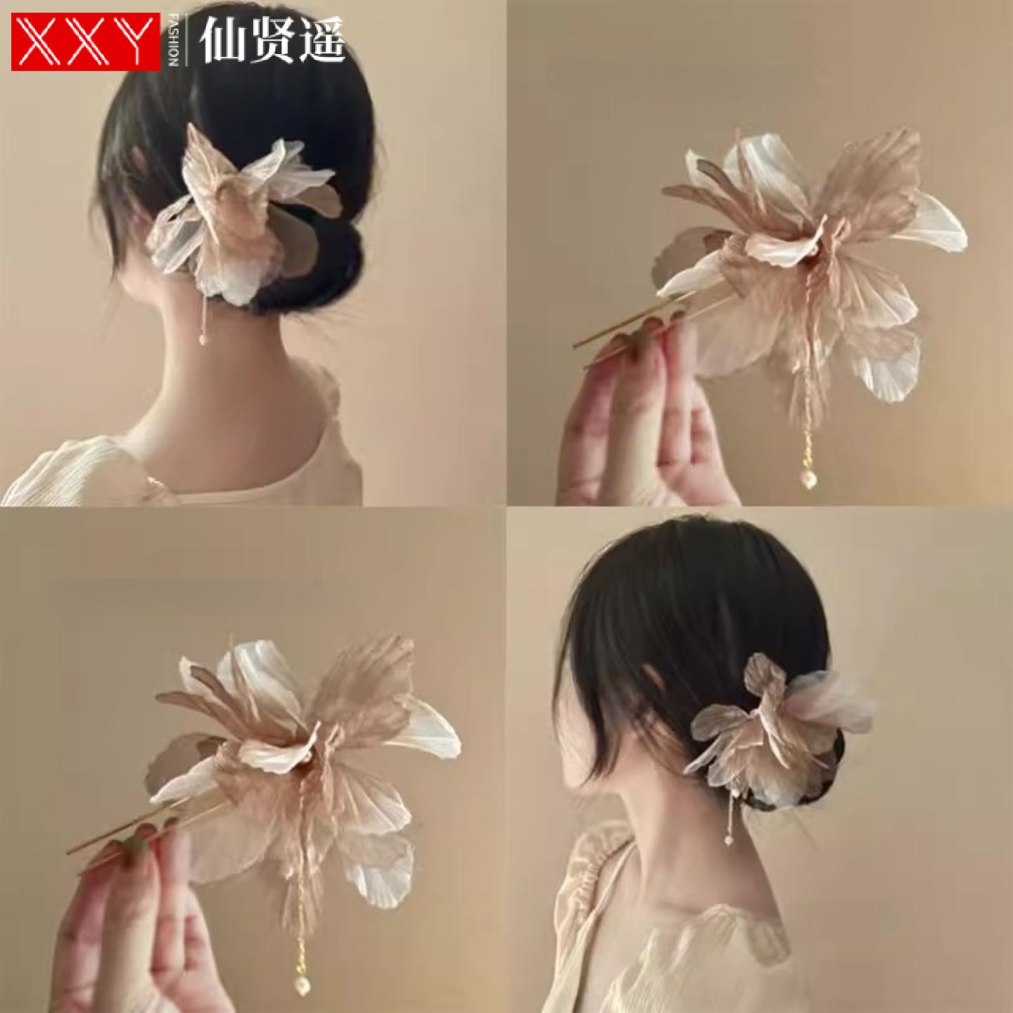 新中式雪纺珍珠流苏发簪海边簪花