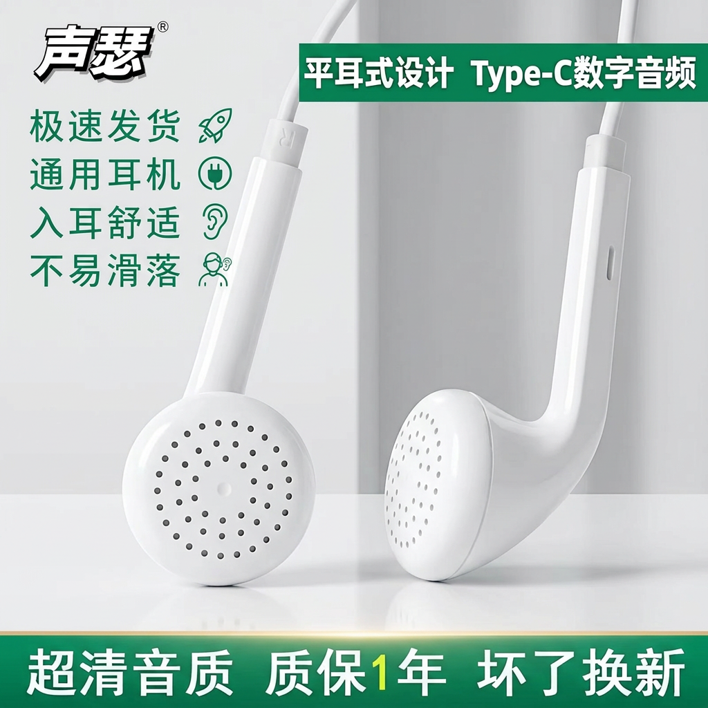 声瑟 平头耳机有线typec接口适用oppo手机Reno14/15/vivo s50耳塞