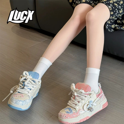Lucx面包鞋经典双色鸳鸯低帮百搭厚底板鞋秋季女款糖果休闲滑板鞋