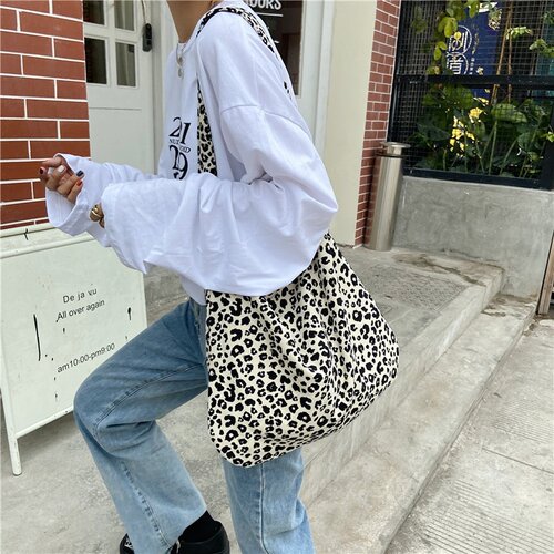 韩系豹纹帆布袋上班通勤慵懒风单肩包斜挎包大容量轻便布袋托特包