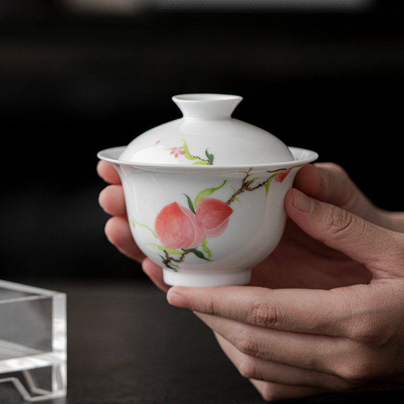 釉下彩手绘桃子陶瓷二才盖碗家用泡茶碗茶杯功夫茶具玉泥白瓷个,餐饮具,盖碗,淘宝优惠券,粉丝福利购,淘宝优惠卷