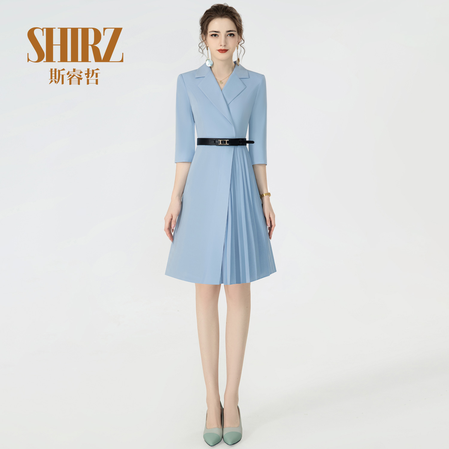时尚拼接百褶连衣裙女2023夏季短袖收腰显瘦女士职业西装领A字裙