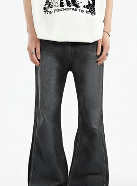 遗矢录像带黑色喇叭牛仔裤HUMPUP美式长裤复古做旧水洗宽松拖地裤