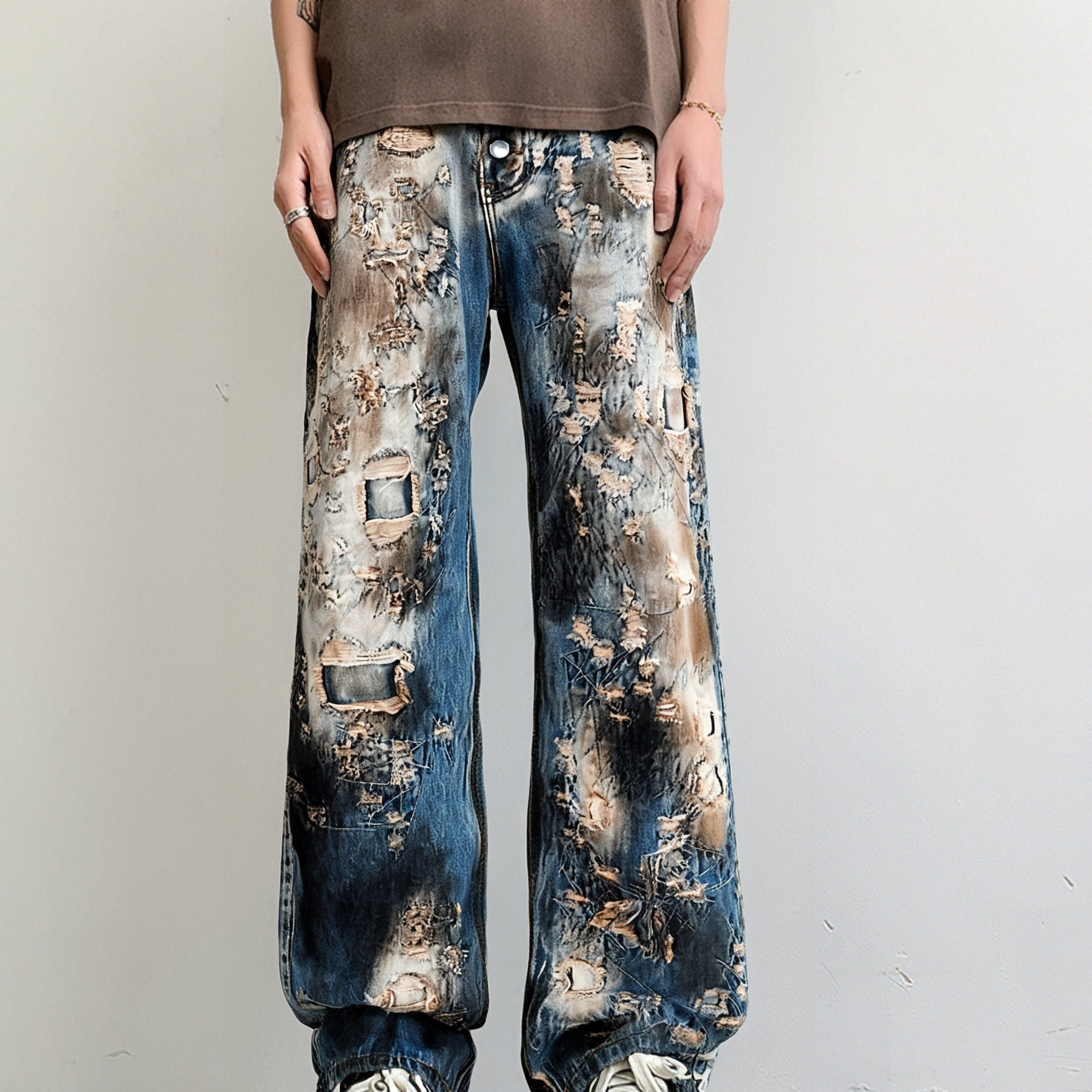 thugclub破洞牛仔裤阔腿长裤