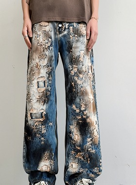 thug club破洞牛仔裤宽松机修风格长裤做旧脏染美式复古直筒潮牌