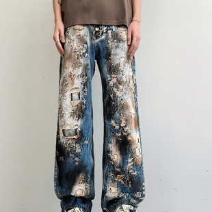 thug club破洞牛仔裤宽松机修风格长裤做旧脏染美式复古直筒潮牌