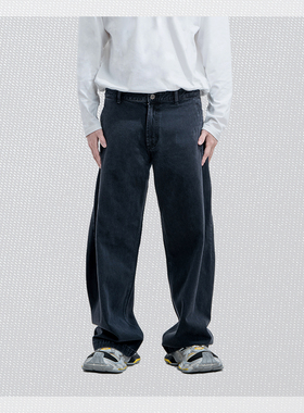 SOLIDHOMME黑色侧边褶皱感baggy牛仔长裤拼接直筒宽松版简约水洗