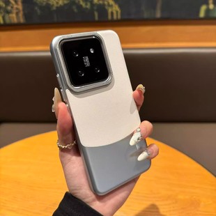 高档皮质适用小米14pro手机壳全包防摔13保护壳金属镜框小米15轻奢硬外壳纳帕皮磨砂防指纹撞色拼接简约情侣