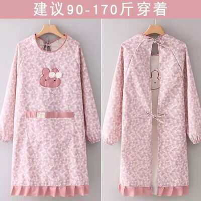 竹节棉耐磨透气围裙长袖罩衣刺绣图大口袋工作服厨房家用做饭围腰