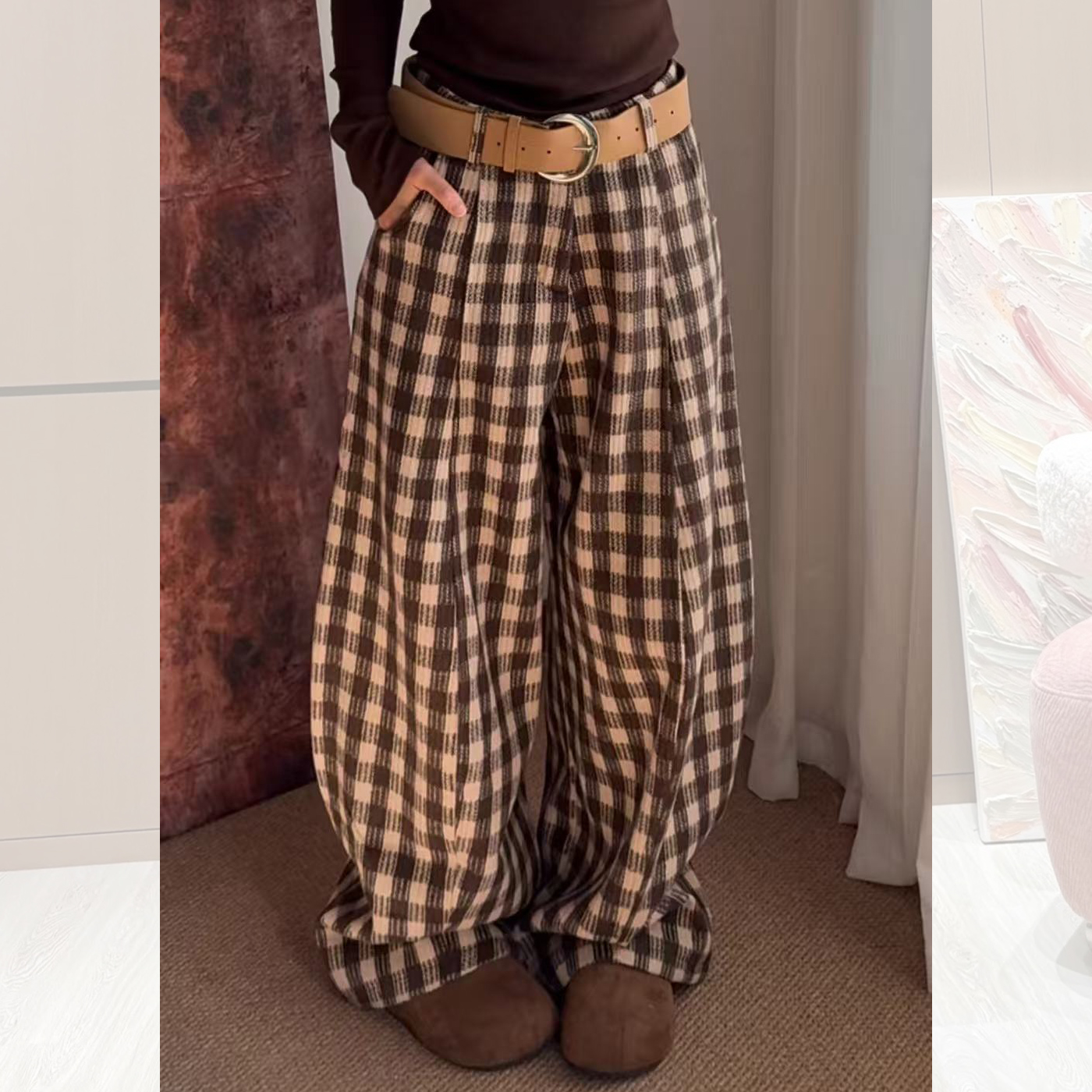 咖色慵懒风格纹休闲裤女