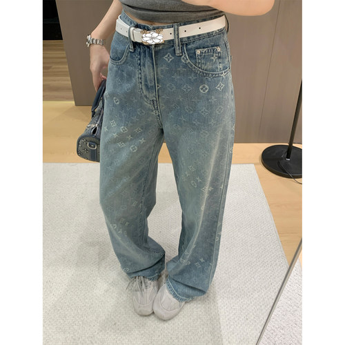蓝色提花高腰直筒牛仔裤女