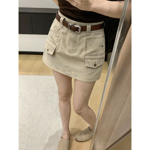 卡其色复古工装牛仔短裙女