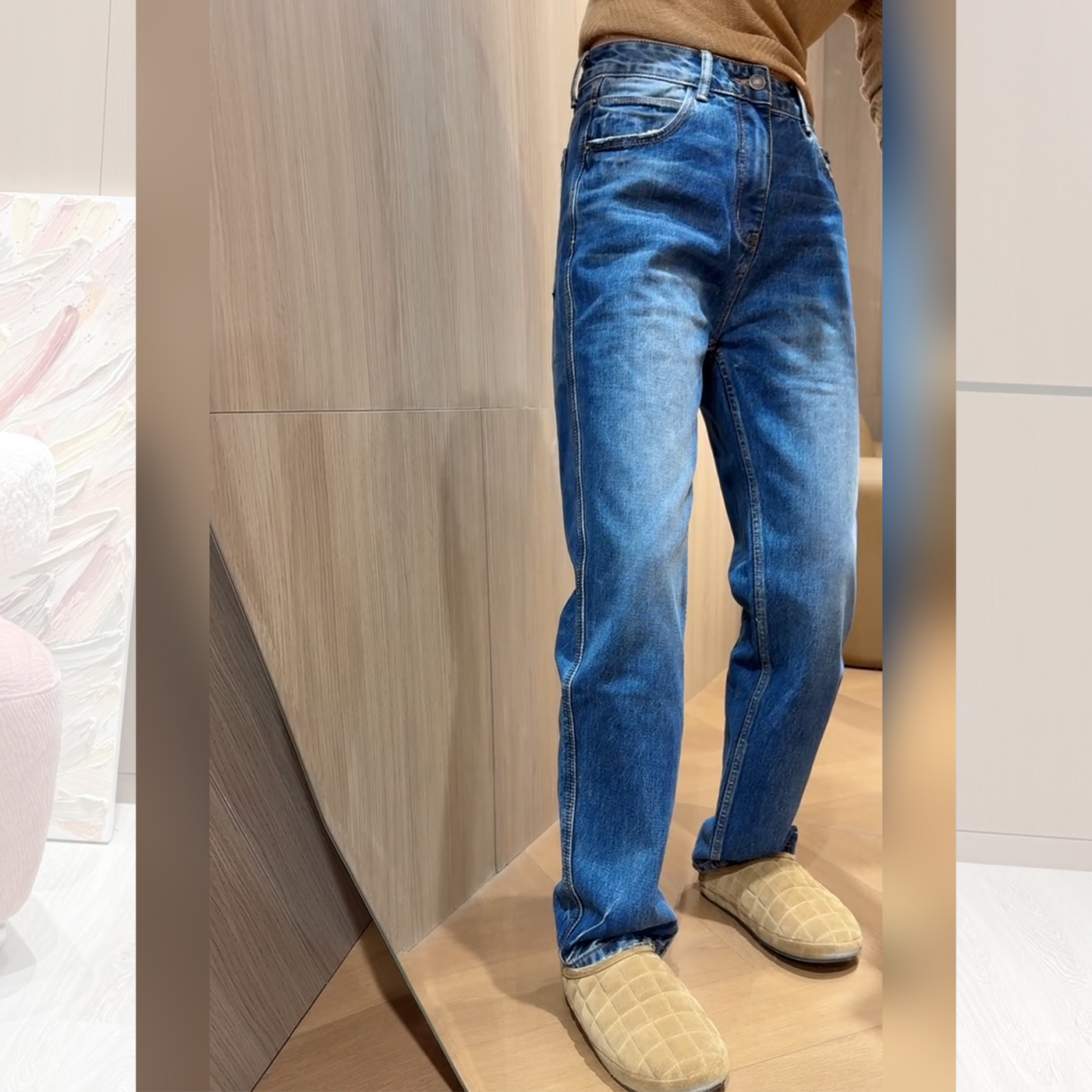 蓝色窄版直筒牛仔裤女