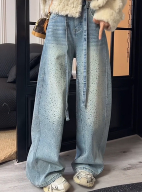 浅蓝色重工烫钻牛仔裤女2025新款秋季高级感巨好看亮闪闪阔腿裤子