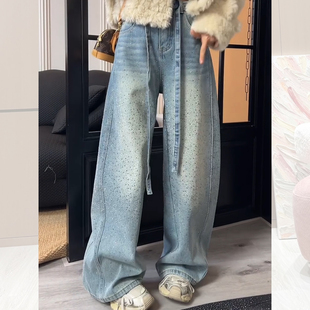 浅蓝色重工烫钻牛仔裤女2025新款秋季高级感巨好看亮闪闪阔腿裤子