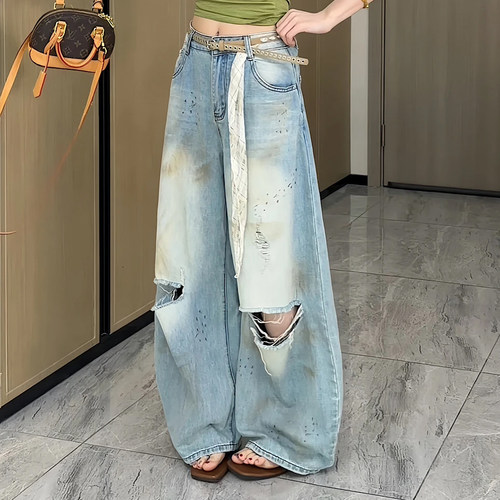欧货复古做旧破洞牛仔裤女