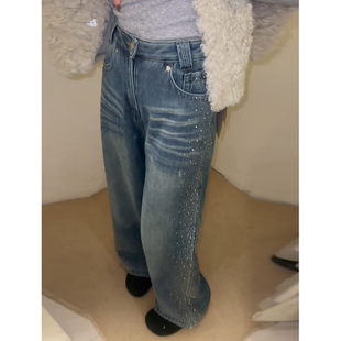 欧货复古重工烫钻牛仔裤女2026新款春季小众设计感宽松直筒阔腿裤