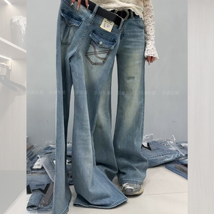 蓝色复古水洗细闪微喇牛仔裤女2026年新款今年流行的巨好看阔腿裤