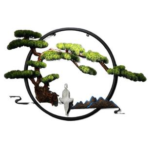 E4C新中式 饰品酒店会所背景墙 圆形壁饰仿真迎客松挂件铁艺墙面装