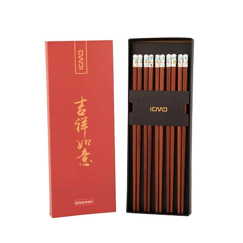 家用红檀木筷子套装实木陶瓷头日式10双装个性创意餐具厂家
