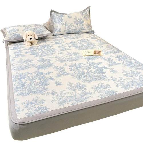 夏季1800D冰丝冰藤凉席三件套床笠款全包围防滑裸睡凉席空调软席