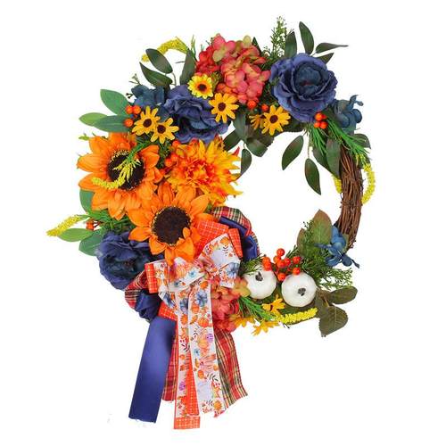 新品蓝色葵花花环装饰门挂仿真藤圈节日装扮道具壁挂