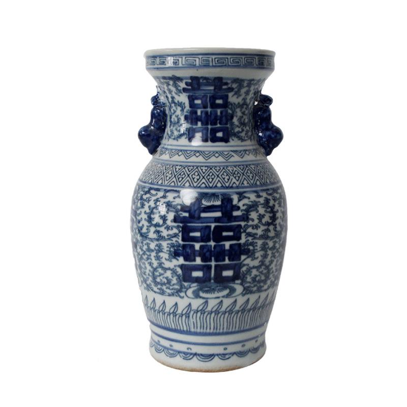 陶瓷青花QMZ手绘喜字落地饰大花瓶摆件酒客厅大号店开装业新房
