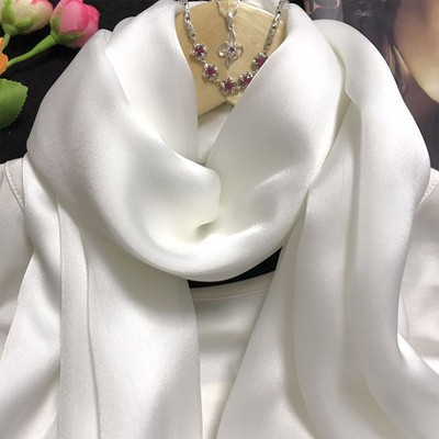 丝巾女时尚珍珠白高档真丝纯色夏季韩版百搭披肩围脖护颈洋气围巾