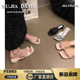 法式 女夏外穿2025新款 仙女風配裙子海邊涼拖鞋 蝴蝶結粗跟一字拖鞋