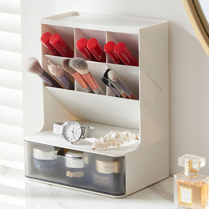 化妆刷桌面收纳盒分类带抽屉斜插式笔筒马克笔口红整理杂物盒