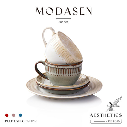 MODASEN复古条纹拉花咖啡杯碟