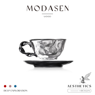MODASEN丨银蝶 POST创意电镀陶瓷咖啡杯碟轻奢银色下午茶杯花茶杯