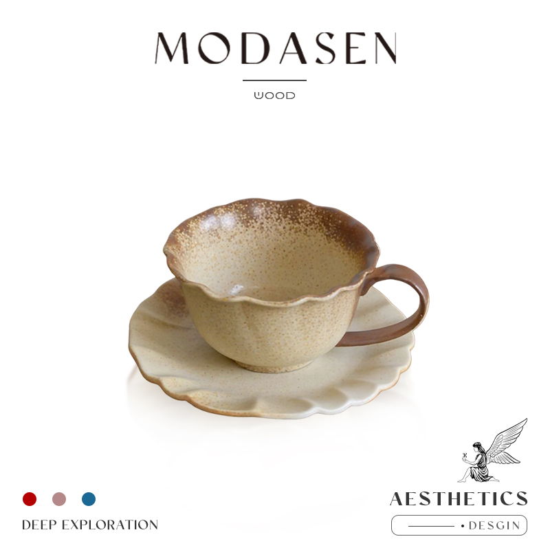 MODASEN复古粗陶花边咖啡杯碟