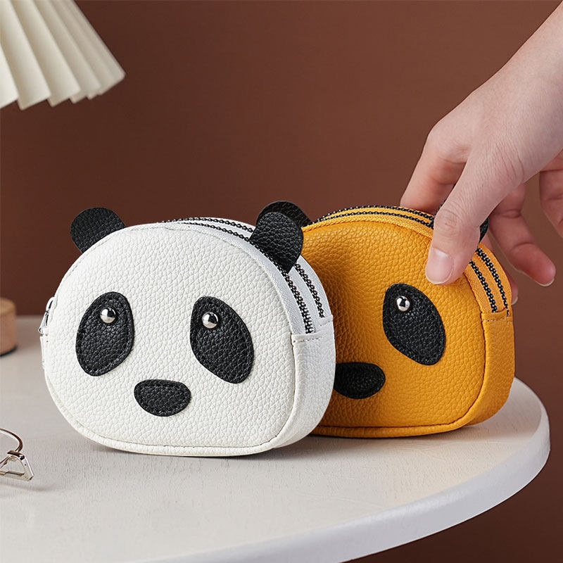 可爱熊猫零钱包女士迷你时尚真皮质感双层拉链收纳小包钥匙硬币包