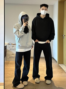 新时代OG重磅450g抓绒cleanfit纯色卫衣黑色花灰色Boxy短宽连帽