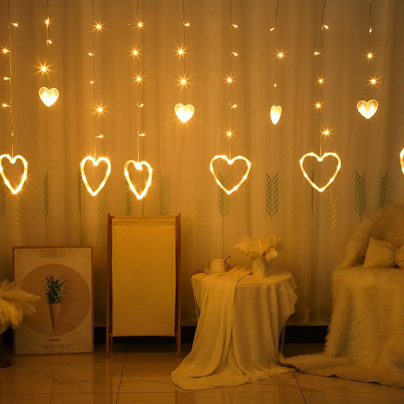 led爱心窗帘灯圣诞节布置网红房间窗帘灯usb遥控爱心灯串